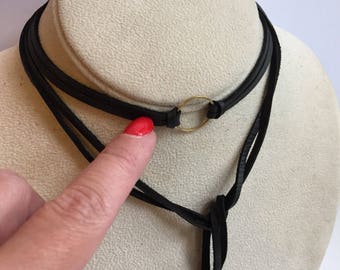 Black leather wrap choker bolo tie necklace