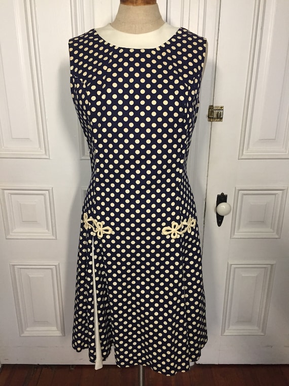 Vintage 1960s mod navy polka dot dress