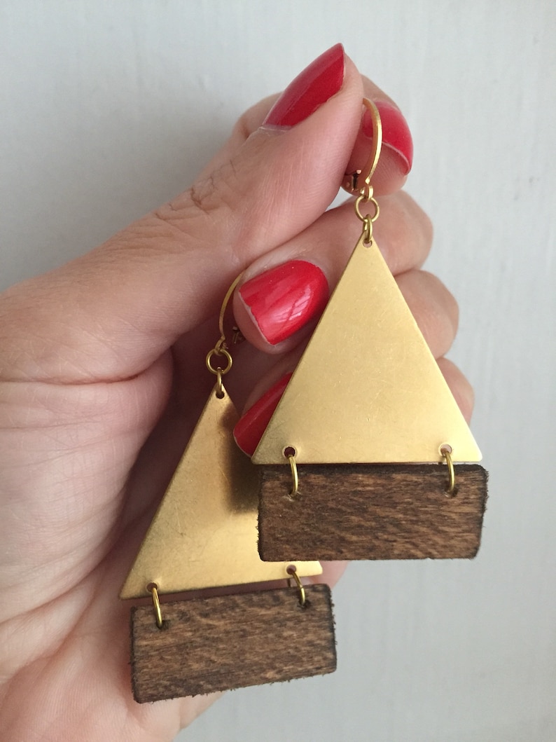 Brass triangle with wood earrings