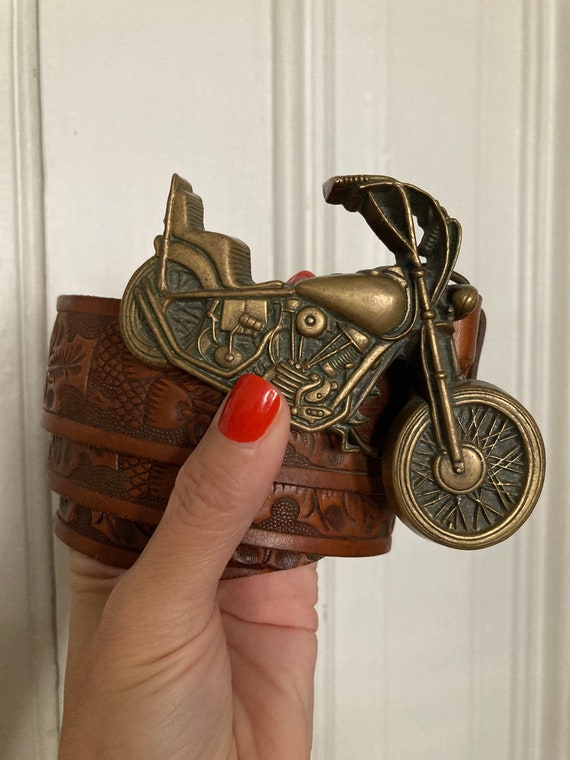 Vintage 1970s solid brass motorcycle belt buckle w