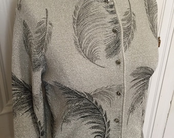 Vintage 1950s Helen Harper silver sparkle feather print cardigan sweater
