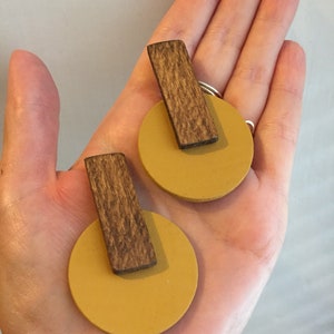 Modern wood mustard yellow statement earrings image 2