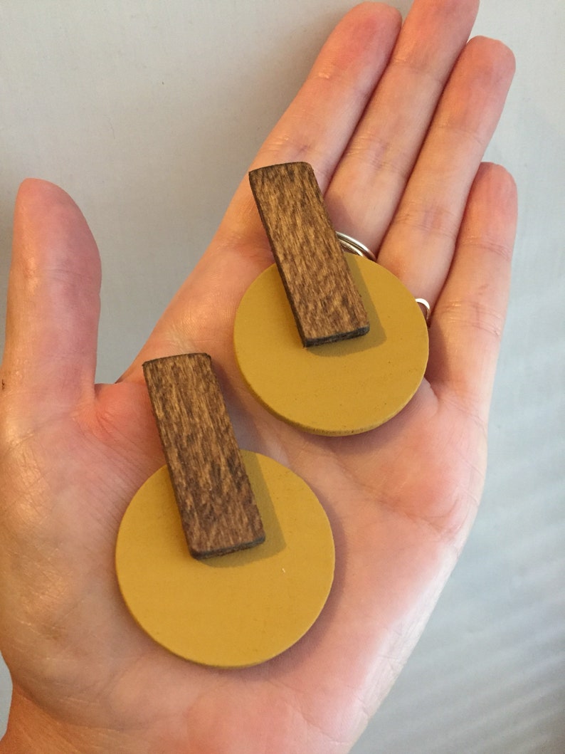 Modern wood mustard yellow statement earrings image 2