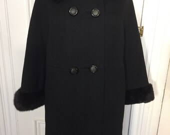 Vintage 1960s fur trimmed black coat