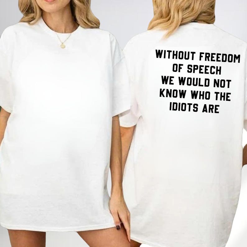 A white t-shirt with text on the back.