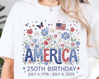 America 250th Birthday T-Shirt, Patriotic Floral July 4th Celebration Tee