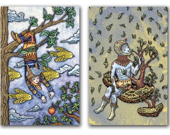 Herbivore Post Card Set of 2 -  Fruits and Veggies - Standard Size 6" X 4" - Soft Touch Laminated - Small Art Print
