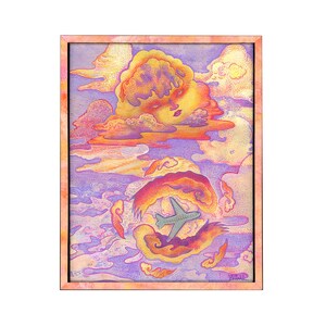 May include: A framed art print featuring a stylized illustration of a gray airplane flying through a vibrant sky filled with purple, orange, and yellow clouds. One large cloud formation at the top displays a human-like face with defined features.
