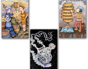 Art Postcard Set of 3 - Shopping Cart Spaceship, Market Stand