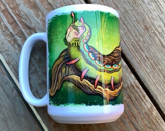 Mister Caterpillar - Ceramic Coffee Mug Featuring Art by Poxodd - fun, nature inspired, bug insect design