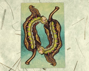 Caterpillar Twins Postcard - Autumn Nature Art Print