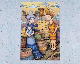 Market Stand Post Card - Art by Poxodd - Small print - Shopping, Caravan, Bazaar Illustration