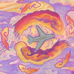 May include: A gray airplane illustration centered against a vibrant background of swirling clouds in shades of purple, orange, and yellow. The artwork features a stippled texture throughout, with the airplane depicted in a simple, clean profile view.