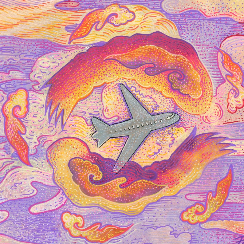May include: A gray airplane illustration centered against a vibrant background of swirling clouds in shades of purple, orange, and yellow. The artwork features a stippled texture throughout, with the airplane depicted in a simple, clean profile view.