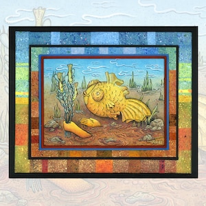 May include: A framed artwork featuring a whimsical illustration of a yellow fish in a watery environment. The fish is partially submerged, with a hand and plant life visible. The artwork has a blue, red, and brown border.