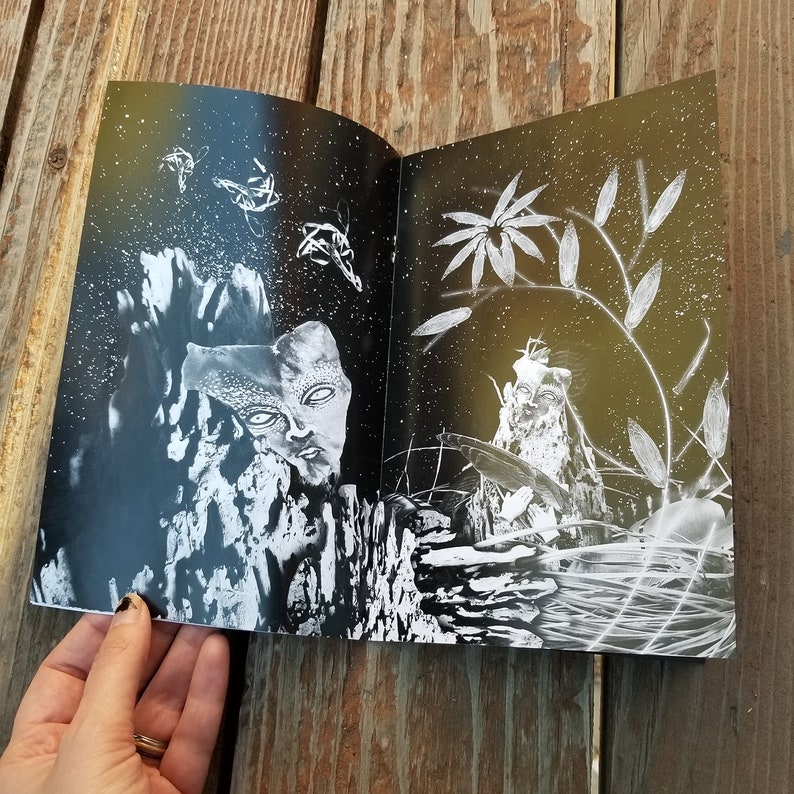 May include: An open book with black pages and white illustrations. The left page features a white face with a dark background. The right page features a white flower with a dark background.