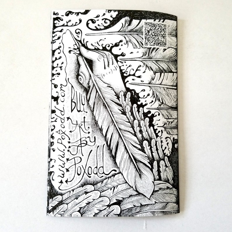 May include: Black and white illustration of a hand holding a feather pen. The pen is surrounded by feathers and the text "Buy art by Foxodd www.foxodd.com" is written on the left side of the image.