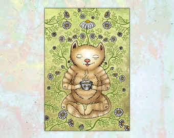 Chamomile Cat Tea Post Card - Art by Poxodd - Small print - Fun Relaxed Kitty illustration