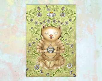 Chamomile Cat Tea Post Card - Standard Size 6" X 4" - Soft Touch Laminated - Small Art Print