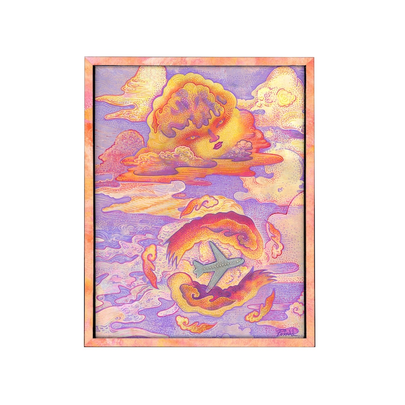 May include: A framed art print featuring a stylized illustration of a gray airplane flying through a vibrant sky filled with purple, orange, and yellow clouds. One large cloud formation at the top displays a human-like face with defined features.