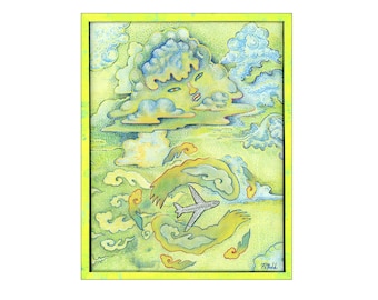 Cloudy Ascent - Verdant Sky - Limited Edition Monotype - Original Artwork