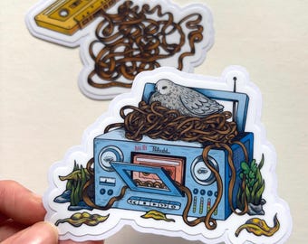 Dove Nest- Cassette Radio Player Bird Art - Sticker Set of 2
