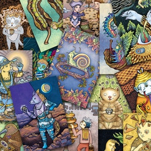 May include: A collage of colorful illustrations featuring various characters and creatures. The illustrations are in a whimsical style and include a snail, a fox, a cat, a bird, and a variety of other fantastical beings. The illustrations are set against a background of swirling patterns and textures.