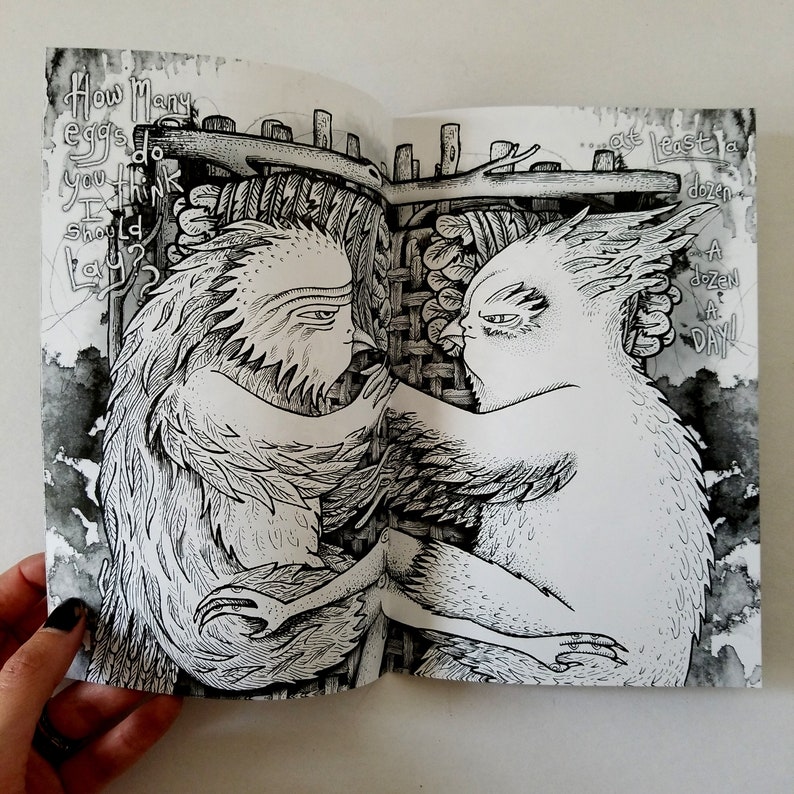May include: Black and white illustration of two birds in a nest. The text "How many eggs do you think I should lay?" is written on the left page. The text "...at least a dozen a day!" is written on the right page.