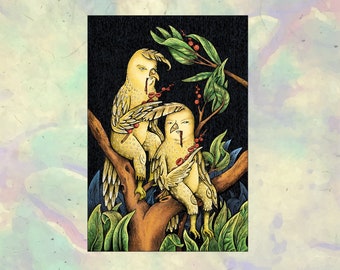 Bird Art Post Card - Birds Binging on Berries - Standard Size 6" X 4" - Soft Touch Laminated - Small Art Print