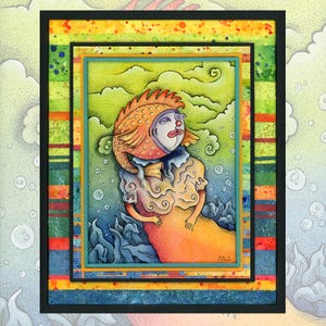 May include: A framed artwork featuring a whimsical figure with a fish-like head and a flowing orange dress. The artwork is set against a backdrop of green clouds and blue water, with a colorful striped border.