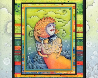 Watercolor and Pen Traditional Painting and collage - "Clown Fish" - Original Art By Poxodd
