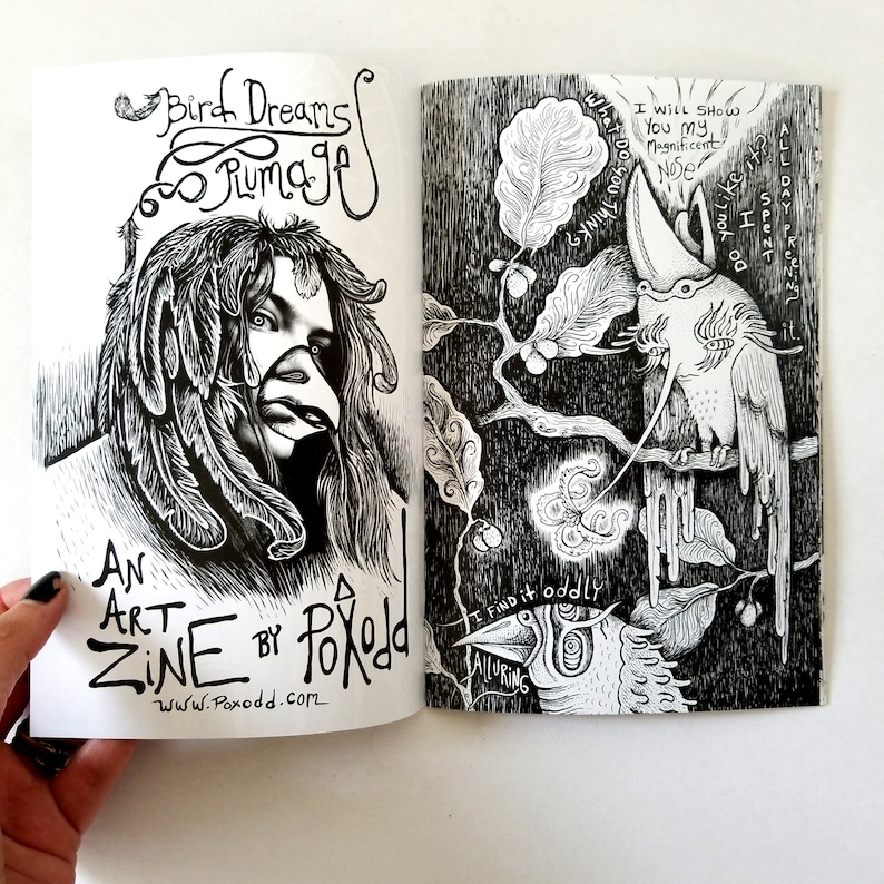 May include: Black and white illustration of a zine titled "Bird Dreams & Rummage: An Art Zine by Poxodd" with a website address. The cover features a person with a bird-like beak and feathers. The inside page features a black and white illustration of a bird with a long beak and a tree with leaves and berries.