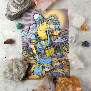 May include: A cartoon illustration of a yellow creature wearing a blue hat and holding a crystal. The creature is wearing a blue shirt with a yellow sun design and a brown belt. The creature is standing in a rocky landscape with a basket and a pickaxe.
