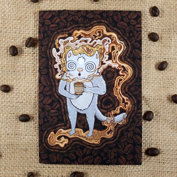Coffee Cat Post Card - Design by Poxodd - Small Art Print - Caffeine hyper kitty with swirly eyes