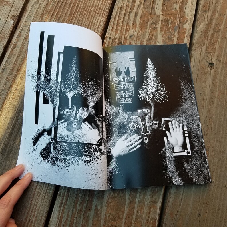 May include: An open book with black and white images of faces and plants. The pages are textured and have a grainy appearance.