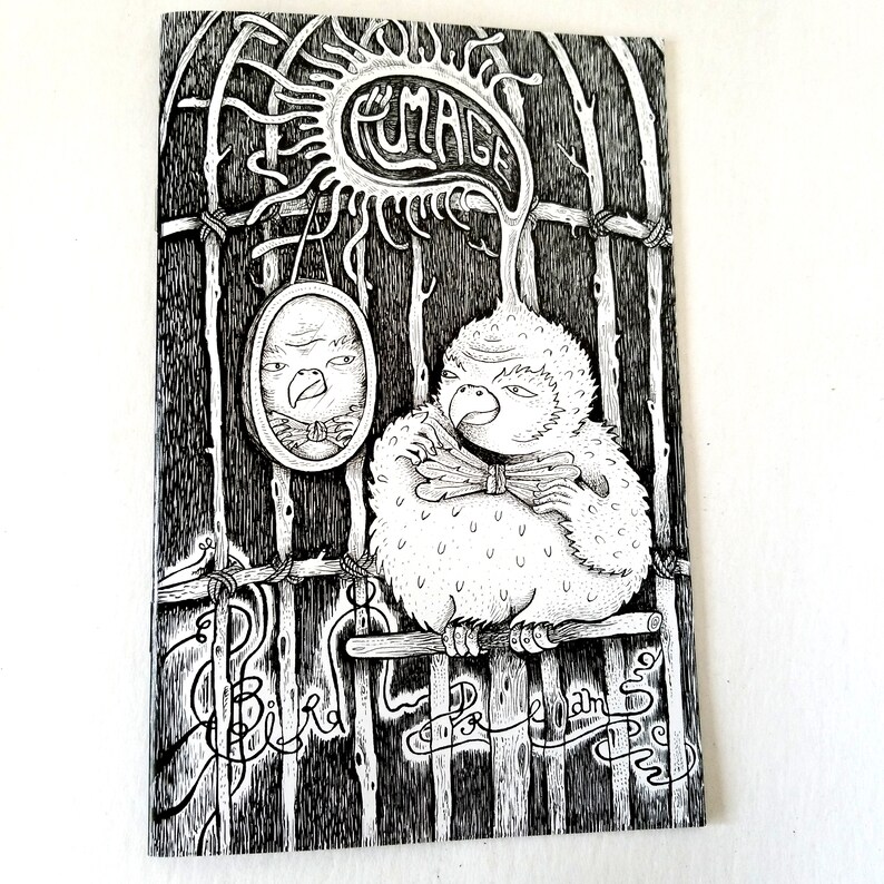 May include: A black and white illustration of a bird wearing a bow tie and looking at itself in a mirror. The bird is in a cage with the word "RUMAGE" above it. The text "Bird Brain" is written below the bird.