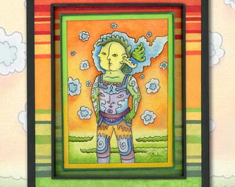 Watercolor and Pen Traditional Painting and collage - "Four Face Fish" - Original Art By Poxodd