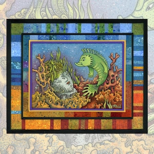 May include: An artistic illustration of an underwater scene. A green creature with webbed hands and feet is near a coral reef. The artwork is framed with a black border and colorful patterned edges, featuring blues, oranges, and greens.