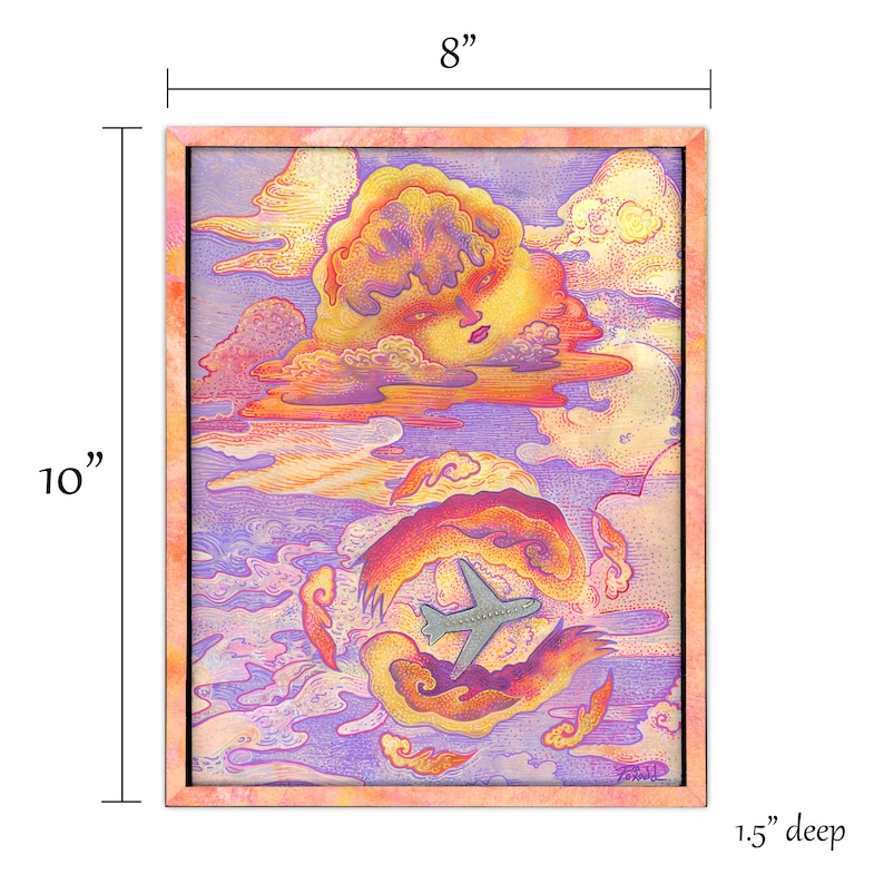 May include: A rectangular framed artwork measuring 8 inches wide by 10 inches high and 1.5 inches deep. The print features a stylized yellow cloud with a human face, a gray airplane flying through swirling orange and purple clouds, and a signature.