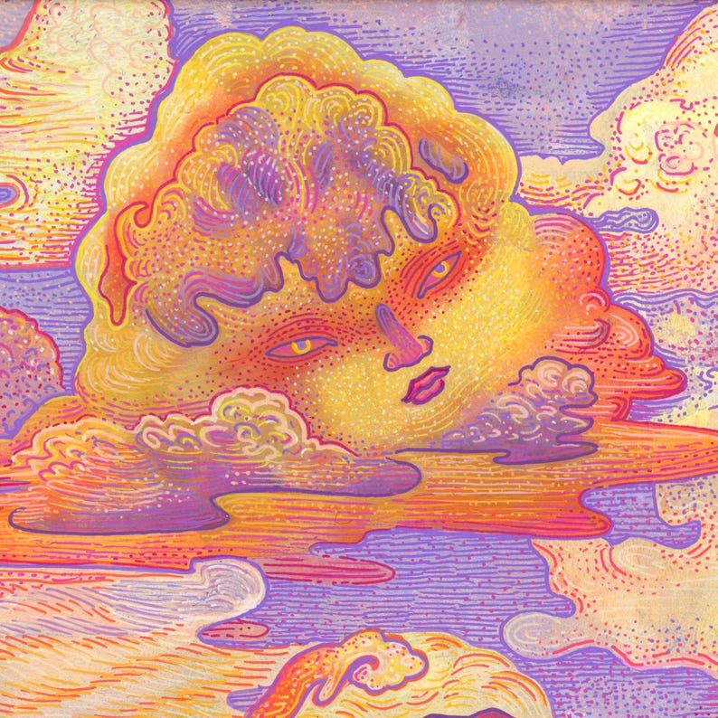 May include: A vibrant illustration featuring a stylized face formed within a large, textured cloud. The artwork uses a palette of yellow, orange, pink, and purple, with intricate stippled shading and line work depicting a dreamlike sky scene.