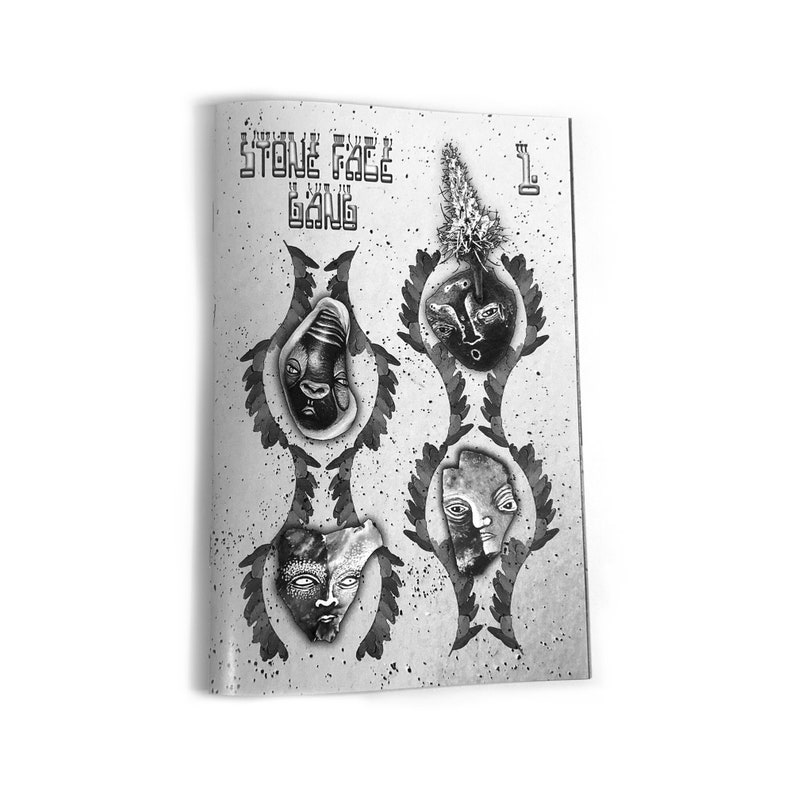 May include: Black and white cover of a comic book titled "Stone Face Gang" #1. The cover features four stylized faces with a floral design.