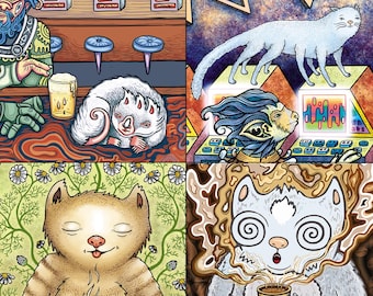 Cat Illustration Postcards - coffee, chamomile, aliens - Fun, Unusual Art!