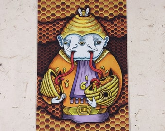 Bee Honey Post Card -  TheHive Eater - Art by Poxodd - Small print - Surreal weird strange artwork