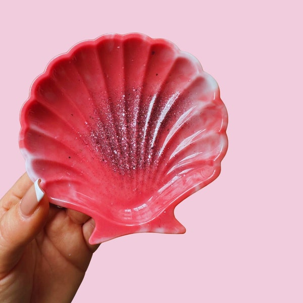 Coral Red & White Glitter Shell Jewellery Trinket Bowl | Epoxy Resin | Shell Ocean Bowl Dish For Jewellery| Handmade Gift, Friendship Gift