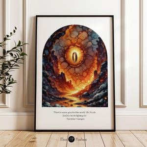 May include: A digital art print featuring a colorful abstract landscape with a glowing ring in the center. The quote "There's some good in this world, Mr. Frodo. And it's worth fighting for." by Samwise Gamgee is printed below the image.