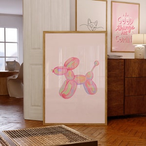 Arte de pared con perro con globos rosas, póster rosa elegante, arte de pared moderno, impresión con globos rosas, póster rosa, descarga digital, arte de pared digital