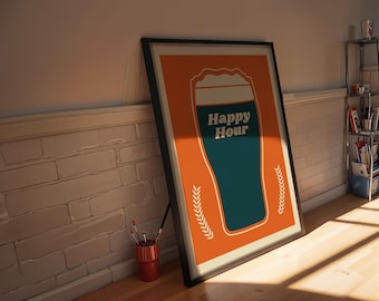 Happy Hour Wall Art , Happy Hour Poster, Beer Poster ,Pint Poster, Bar Poster, Bar Cart Poster, Vintage Poster, Digital Download