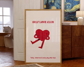 Self Love Club Print, Retro Heart Wall Art (Digital Download)