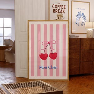 Mon Cheri Print, French Ma Cherie, Red and Pink Print, Cherry Food Print, Trendy Wall Art,  Cherry Wall Art , Digital Print ,Digital Poster