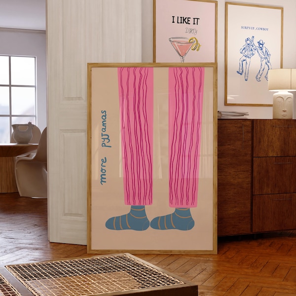 More Pyjamas Print, Trendy Bedroom Decor, Bedroom Wall Art,  Goodnight Poster, Handdrawn Bedroom Decor , Pink Pjyamas Print , Digital Print